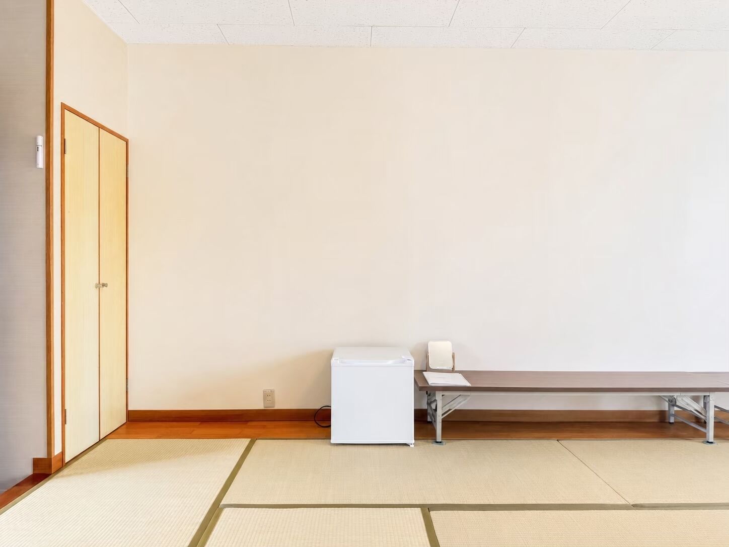 A room with tatami flooring, a wooden door, a white heater, and a table with a chair.