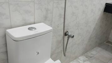 Shower, free toiletries, towels, soap