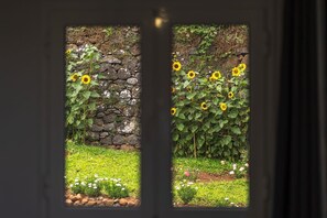 Blick durch ein Fenster auf eine Steinmauer und Sonnenblumen.