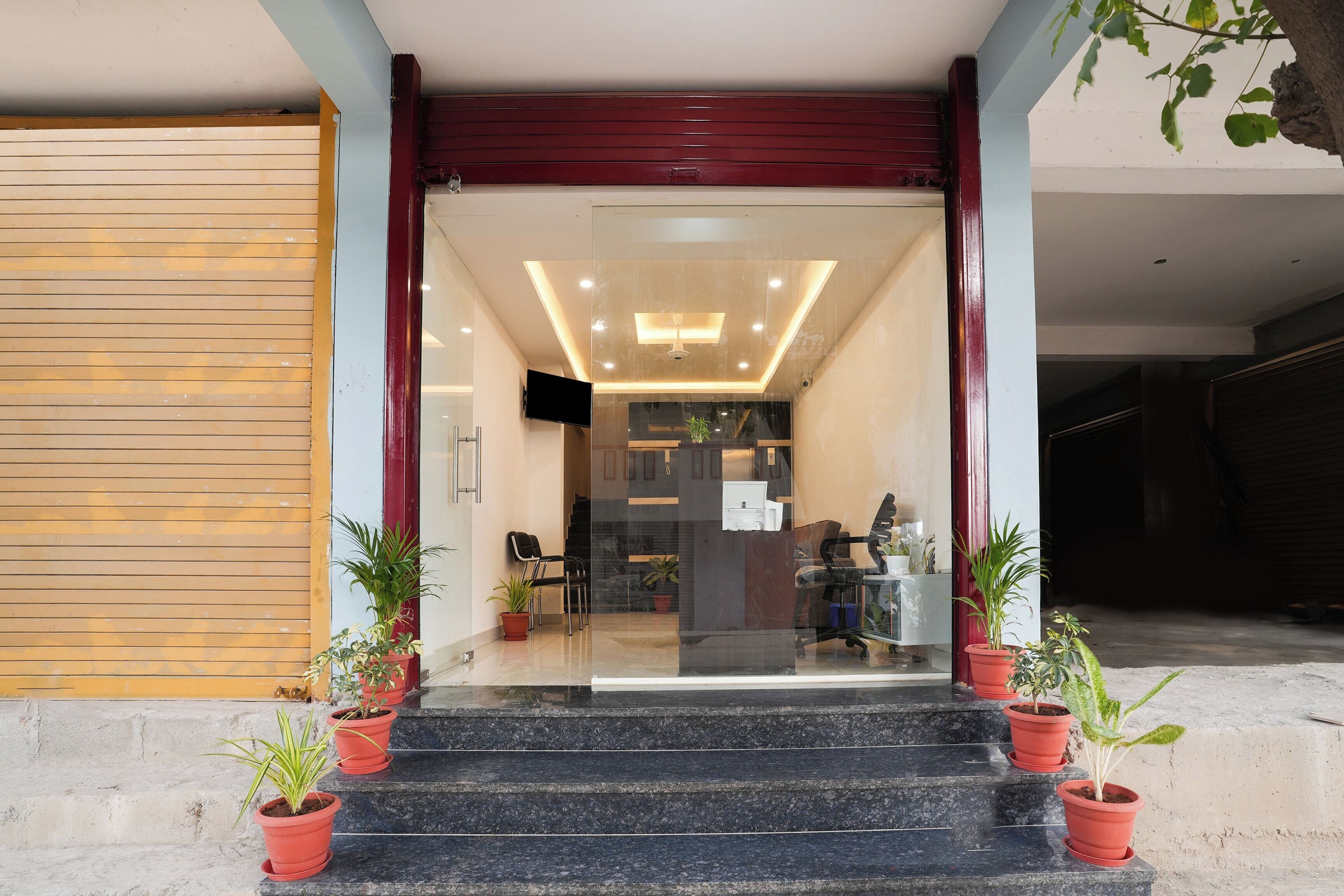 A hotel entrance with a glass door, a reception desk, and potted plants.