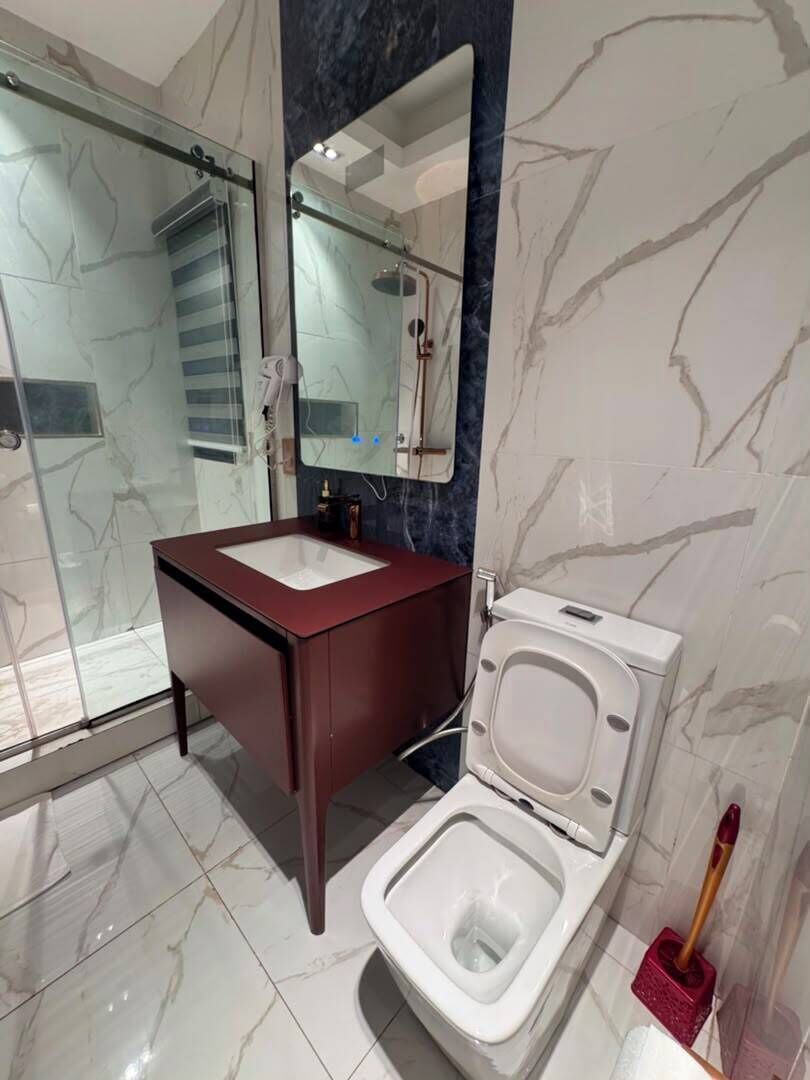 Ein Badezimmer mit Duschkabine aus Glas, einer weißen Toilette und einem dunklen Waschtisch.