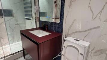 Ein Badezimmer mit Duschkabine aus Glas, einer weißen Toilette und einem dunklen Waschtisch.