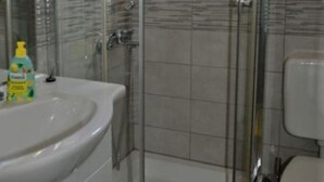 Ein Badezimmer mit einem wei ßen Waschbecken, einer Duschkabine aus Glas und einer Toilette.