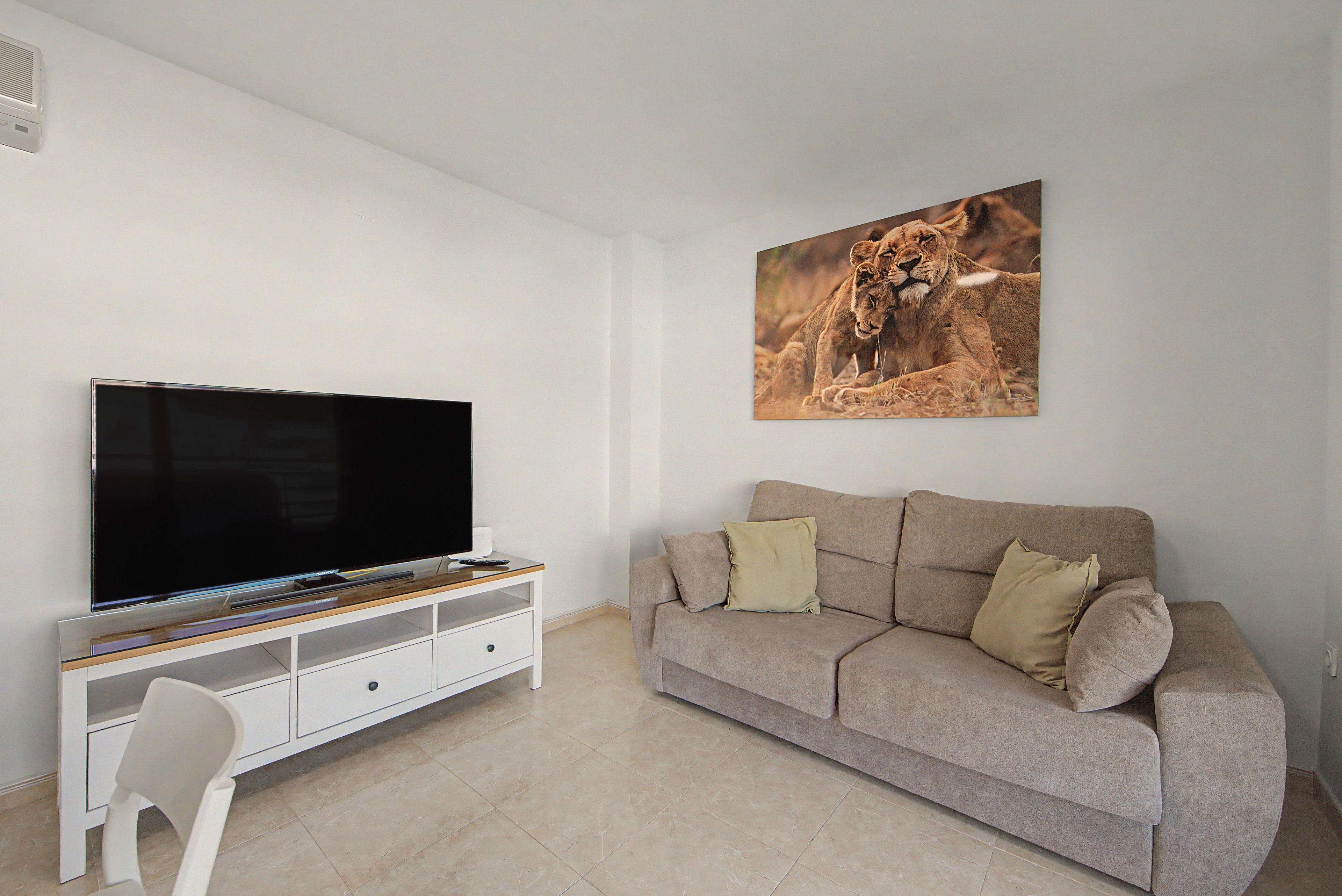 A living room with a flat-screen TV on a white stand, a beige sofa with cushions, and a framed wildlife photograph on the wall.