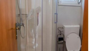 Ein Badezimmer mit Duschkabine, Toilette und Handtuchhalter.