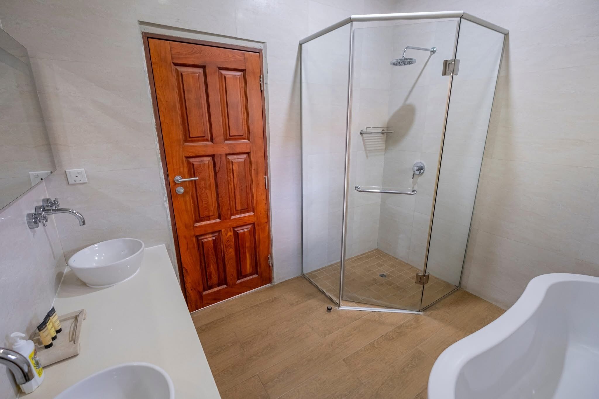 Eco-friendly toiletries, hair dryer, towels, soap
