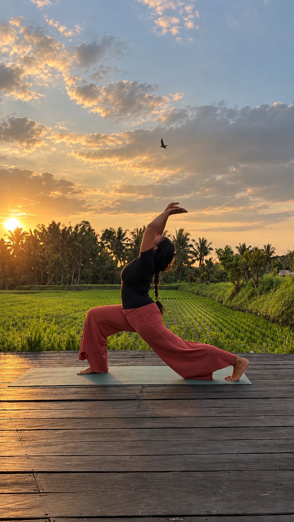Una persona realizando una postura de yoga sobre una esterilla en un entorno al aire libre con un atardecer de fondo.