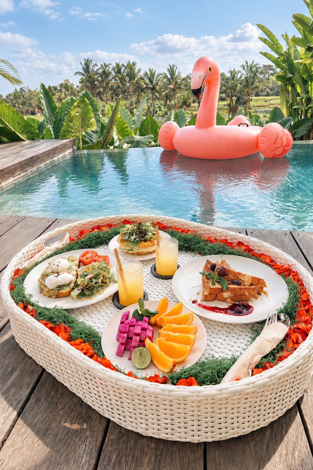 Disposición para comer junto a la piscina, con un flotador de flamenco, una bandeja de mimbre con platos de comida y vistas a un jardín tropical.