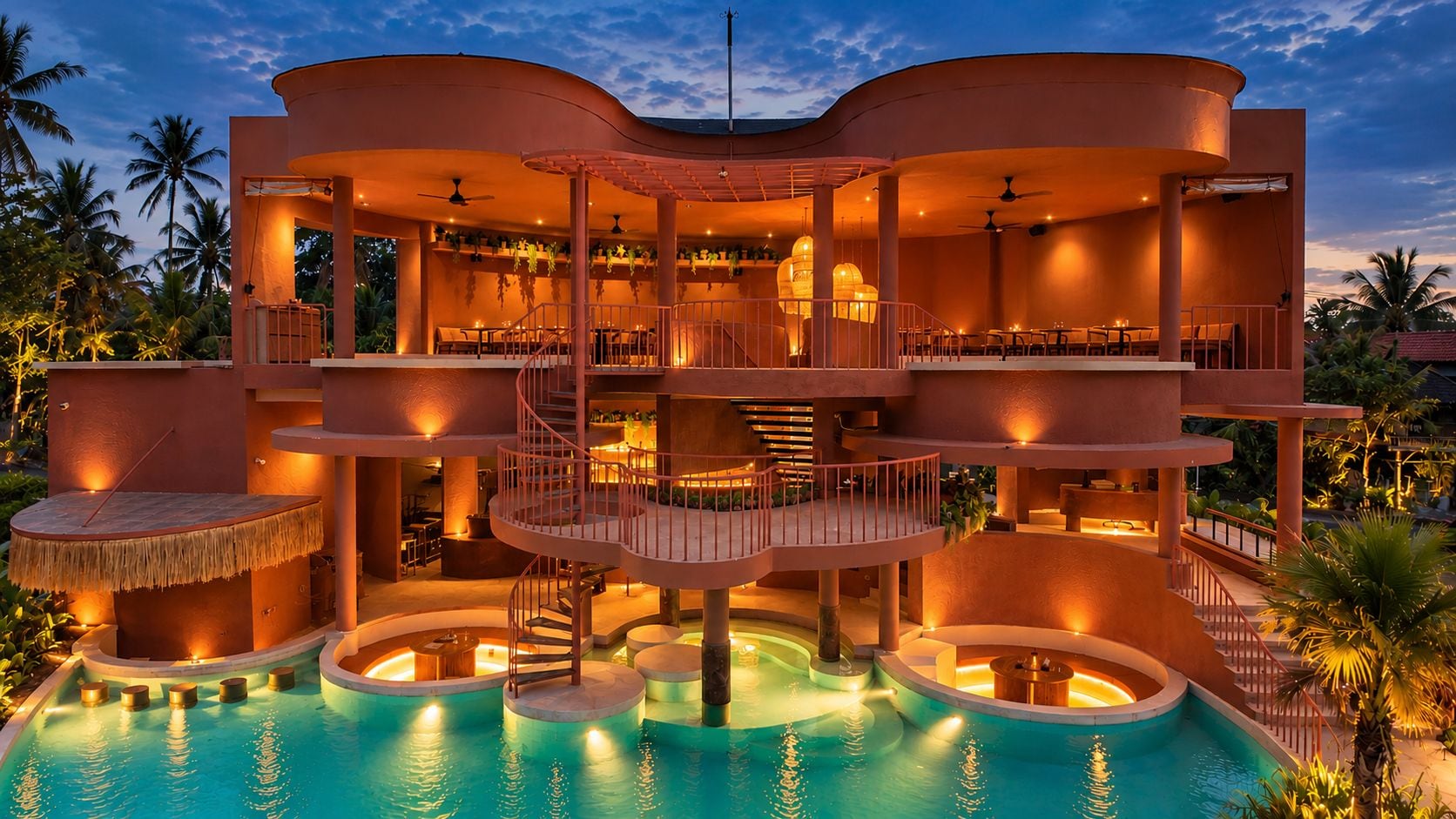 Un complejo turístico de varios niveles con piscina, mobiliario exterior y una escalera que conecta las plantas.