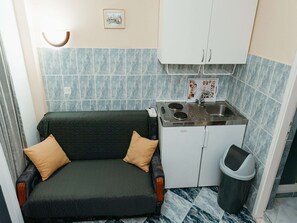 Eine kleine Küchenzeile mit Kochfeld, Spüle und Schrank, ein kleines Sofa mit Kissen sowie ein Mülleimer.