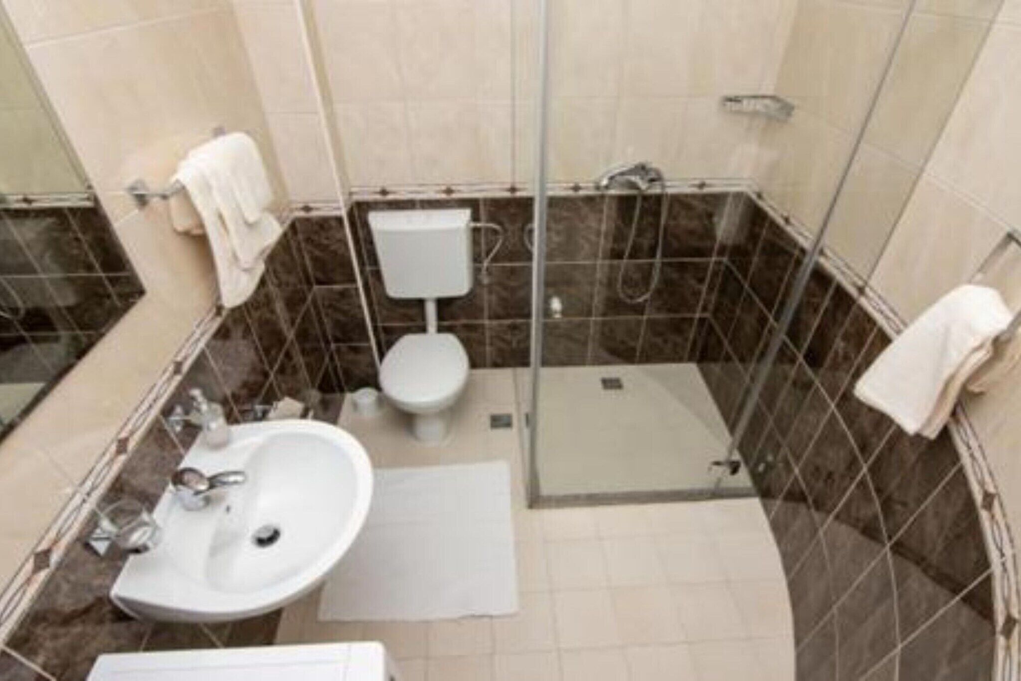 Une salle de bain avec un lavabo, des toilettes et une douche.
