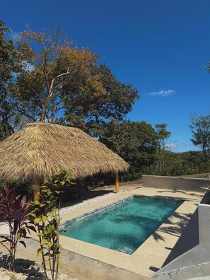 A swimming pool with a thatched roof structure, surrounded by greenery and trees. - Niza 2 Bedroom house Hilltop view Saltwater Pool (Lajas de Matapalo)