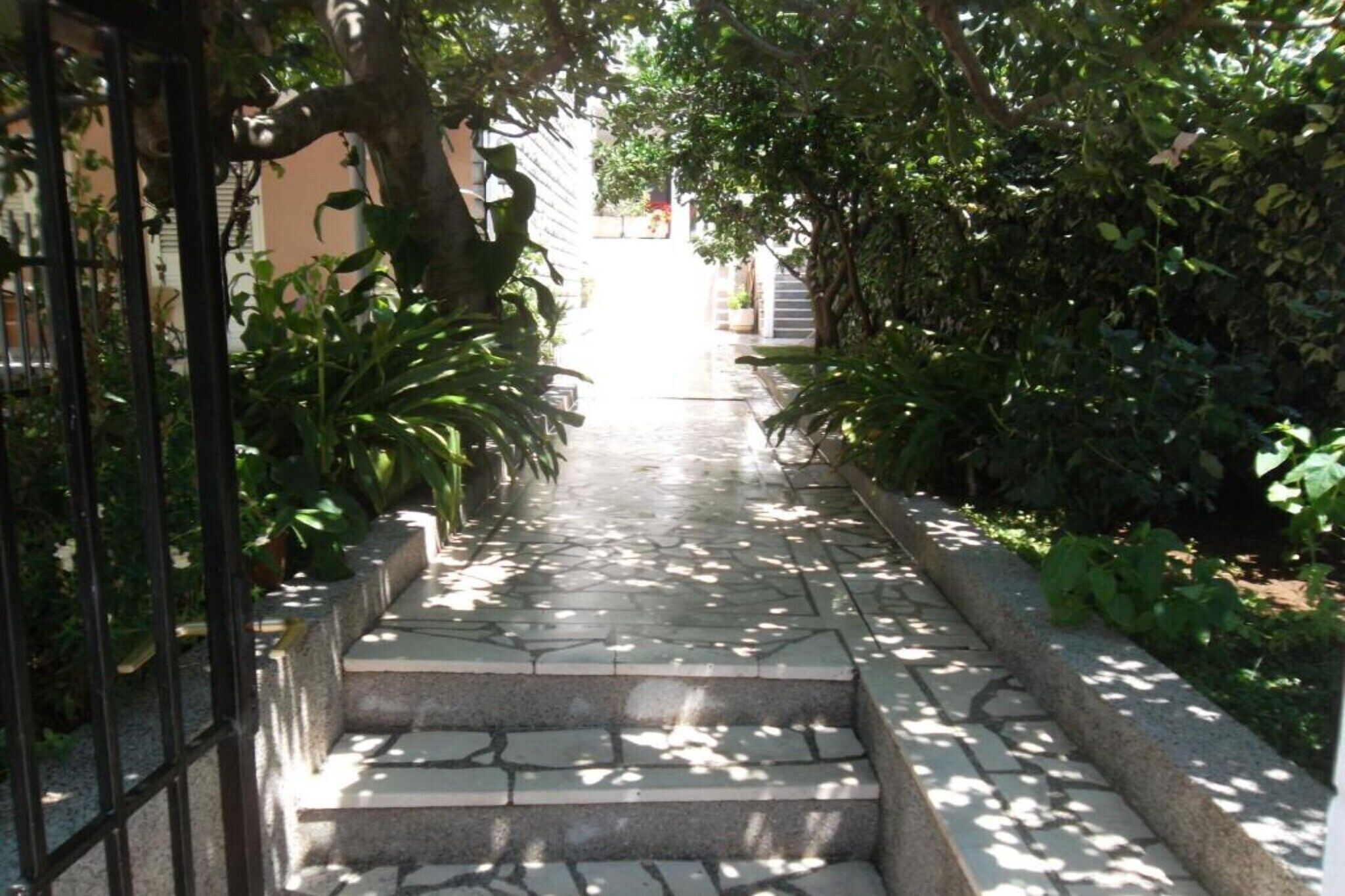 Una escalera de piedra que conduce a la entrada de un edificio, rodeada de vegetación y una puerta de metal.