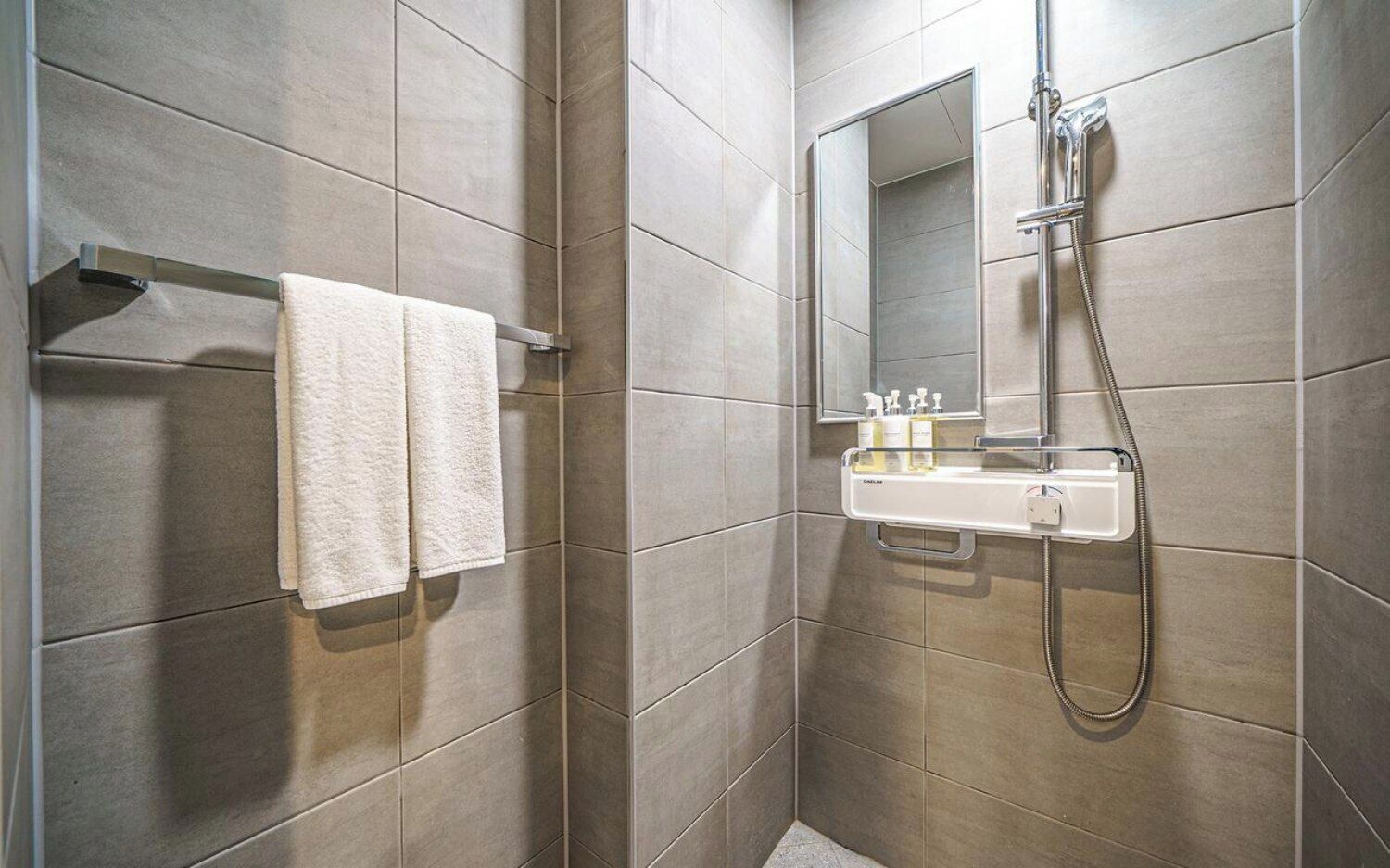 Une salle de bain moderne équipée d’une douche, d’un porte-serviettes et d’un miroir.