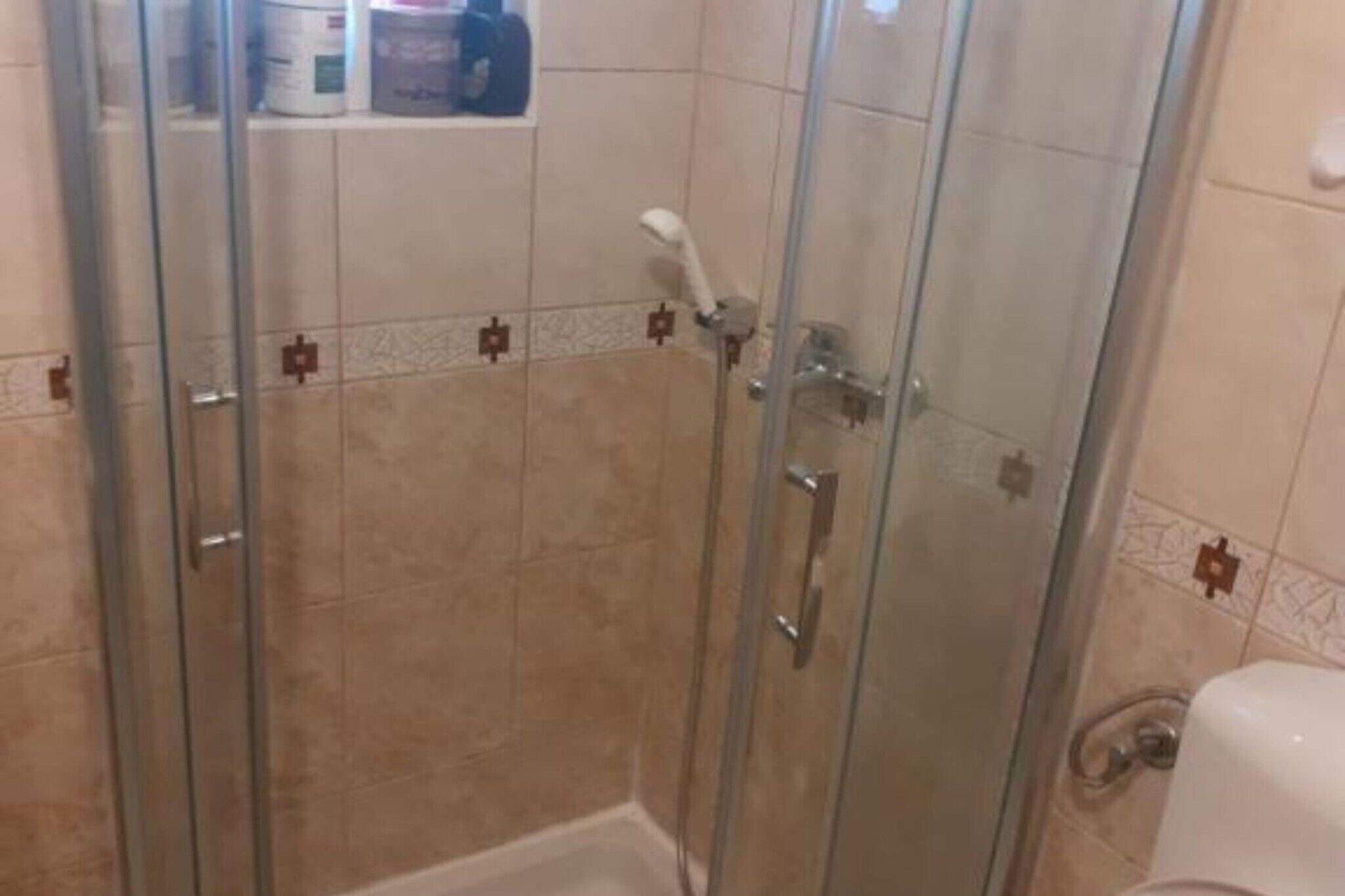 Cabina de ducha con paredes de vidrio, un cabezal de ducha manual, un inodoro y un estante con artículos de tocador.