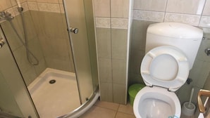 A bathroom with a shower enclosure, a toilet, and a bidet. - Apartments Roza - Standard Double Room with Shared Bathroom (Herceg Novi)