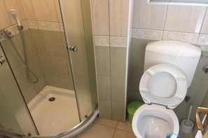 A bathroom with a shower enclosure, a toilet, and a bidet. - Apartments Roza - Standard Double Room with Shared Bathroom (Herceg Novi)