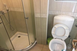 Ein Badezimmer mit Duschkabine, Toilette und Bidet.