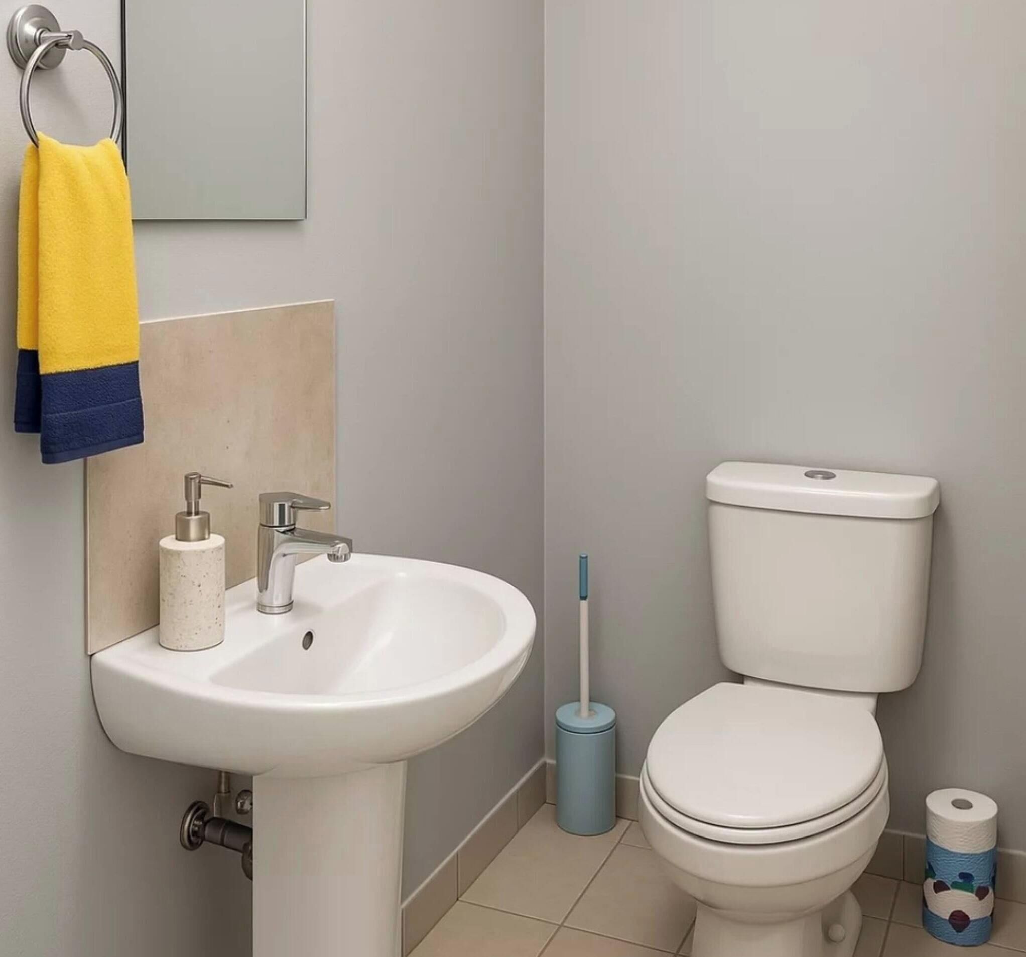 Een badkamer met een wastafel, toilet en een handdoekrek met een gele handdoek.