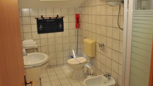 Ein kleines Badezimmer mit Dachfenster, Toilette, Bidet und Dusche.