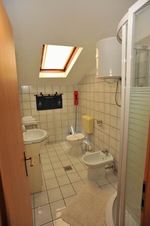 Ein kleines Badezimmer mit Dachfenster, Toilette, Bidet und Dusche.