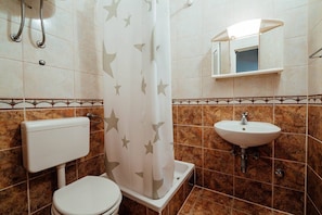 Ein Badezimmer mit Toilette, einer Dusche mit Vorhang mit Sternenmuster, einem Waschbecken und einem Spiegel über dem Waschbecken.