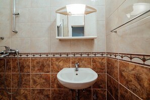 Ein Badezimmer mit einem weißen Waschbecken, einer Dusche und einem Spiegel über dem Waschbecken.