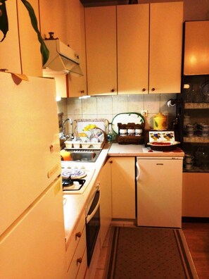 A compact kitchen with a refrigerator, stove, sink, and a small dishwasher. - Holiday Home With Parking and 2 Rooms (Dubrovnik)