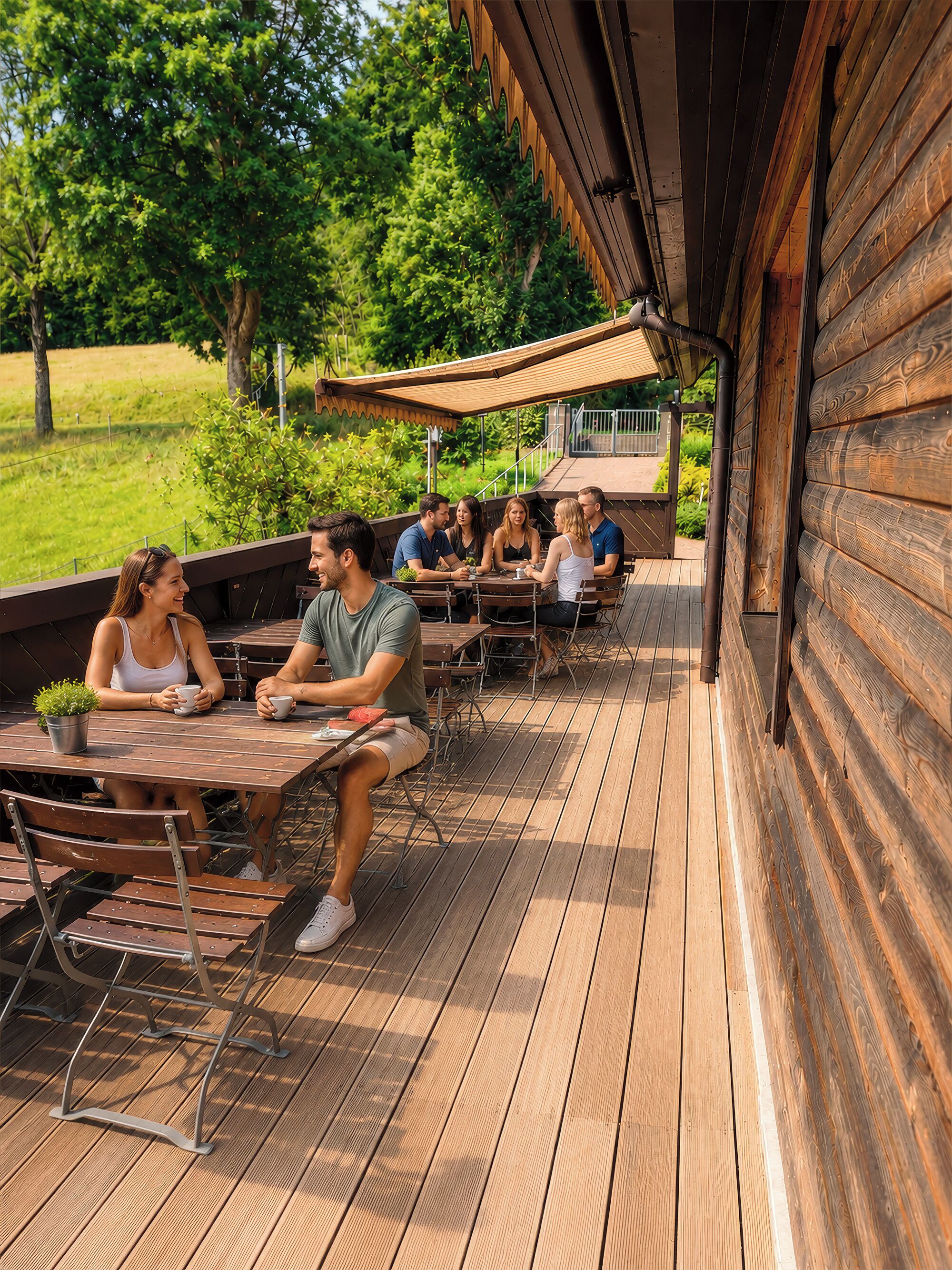 Eine Holzterrasse mit Sitzgelegenheiten im Freien, umgeben von Grünpflanzen und einem Gebäude mit einem geneigten Dach.