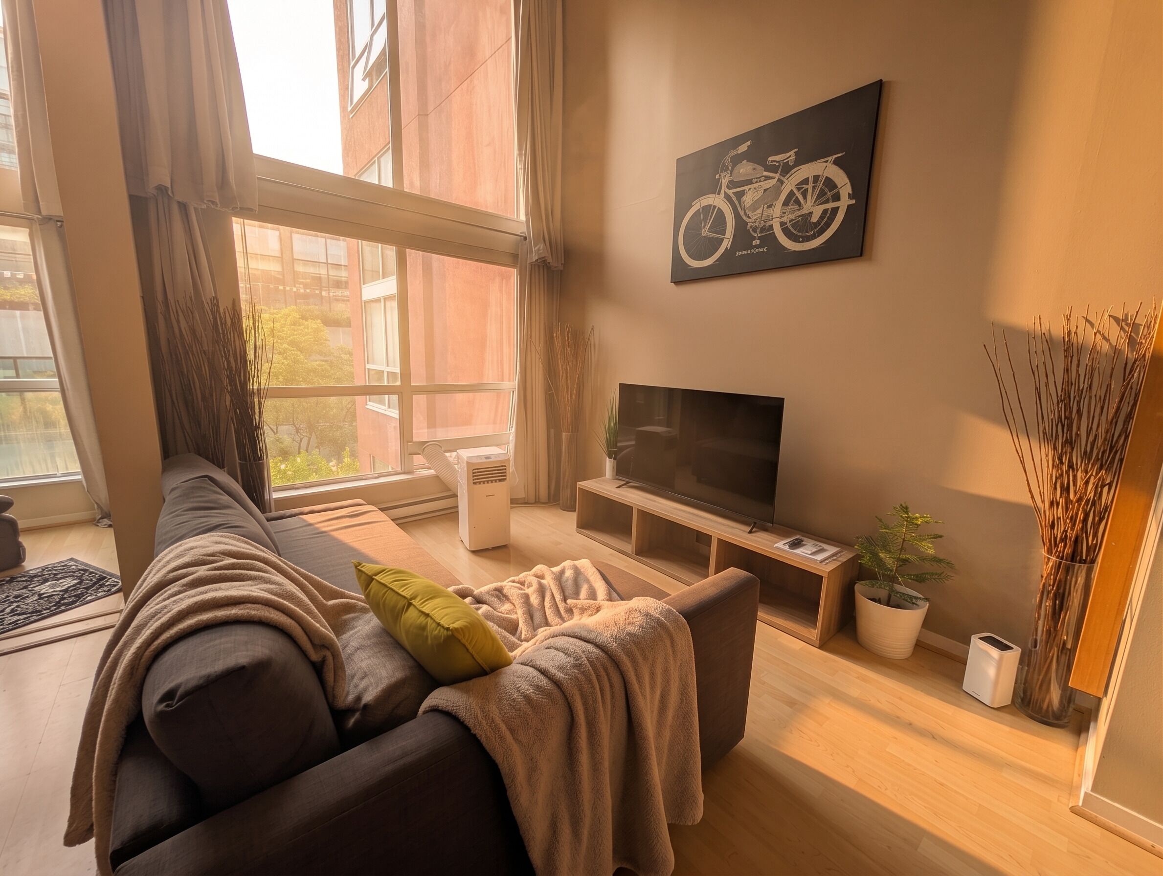 A modern living room with a sofa, a flat-screen TV, and a large window.