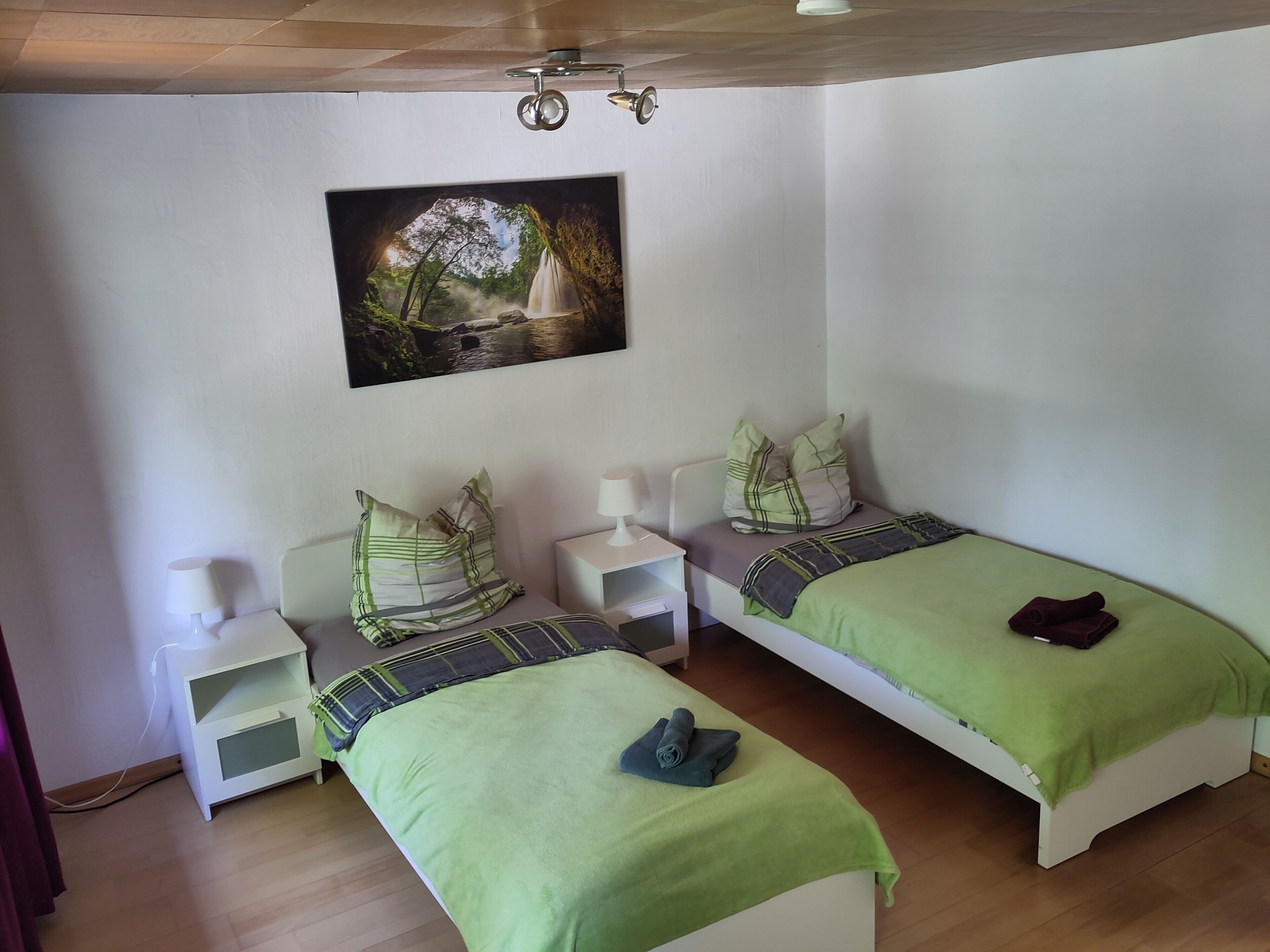 Ein Zimmer mit zwei Betten, jeweils mit einer grünen Decke, weißen Kopfteilen und passenden Kissen. Darüber hängt an der Wand ein Bild von einem Wasserfall.