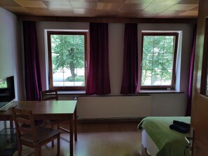 Une pièce comprenant un lit, un bureau avec une chaise, deux fenêtres avec des rideaux et un radiateur.
