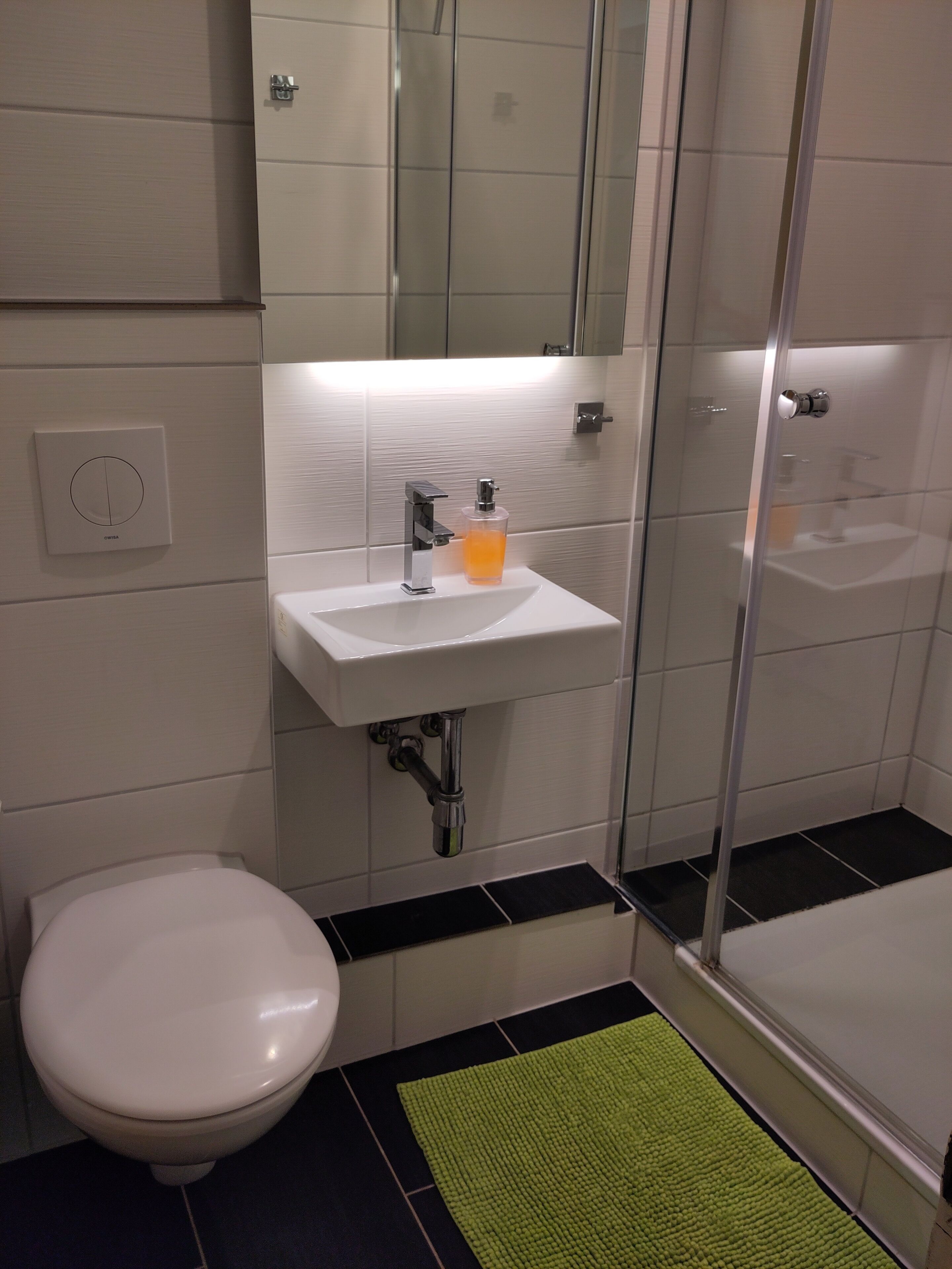 Ein modernes Badezimmer mit Toilette, Waschbecken und Dusche.