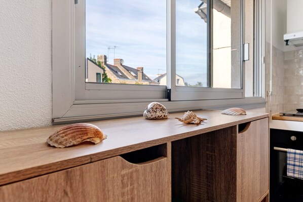 A kitchen counter with a window overlooking a residential area.