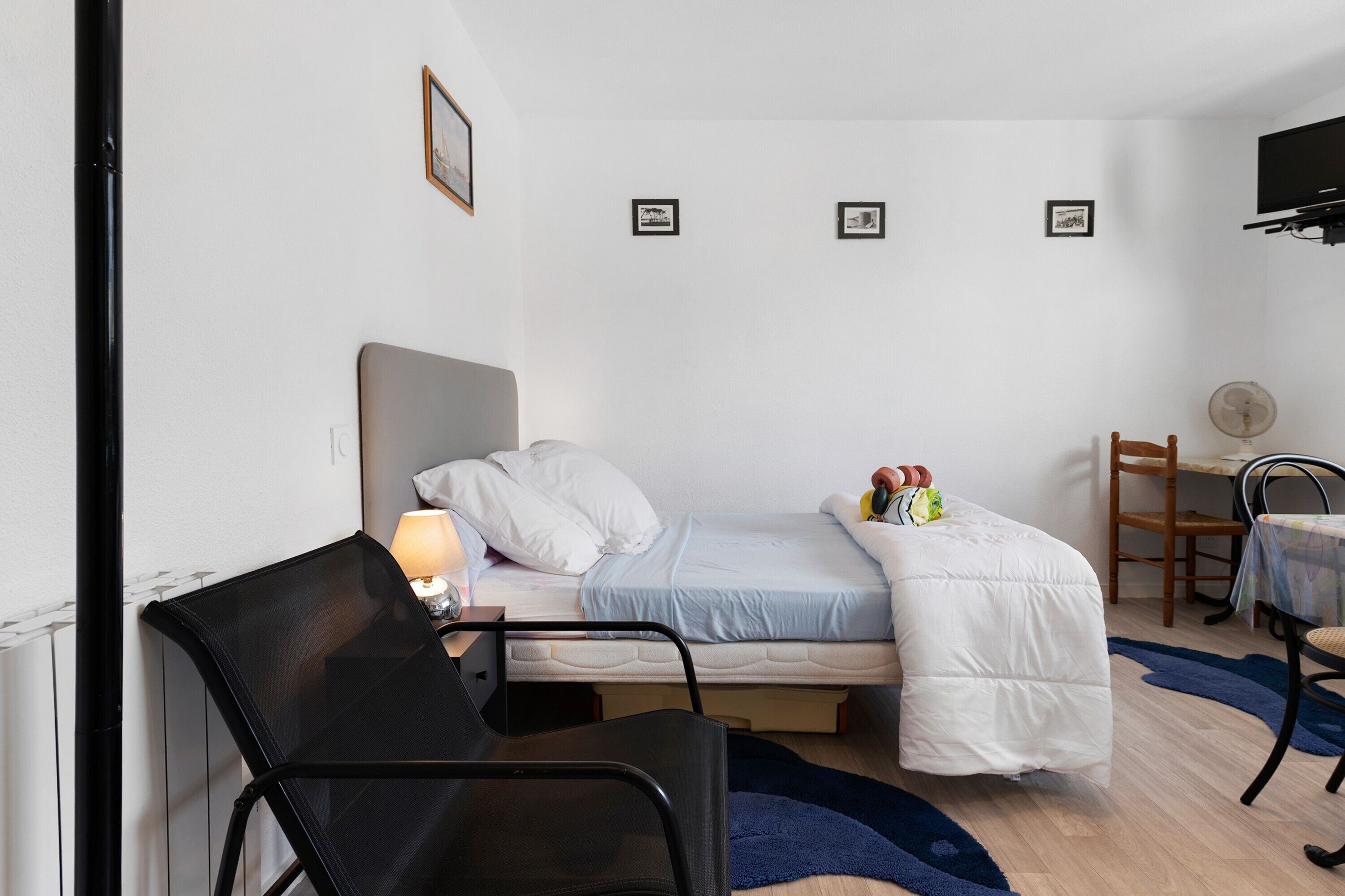 A single bed with a headboard, a bedside table with a lamp, a chair, a small table with a fan, and a blue rug on a wooden floor.