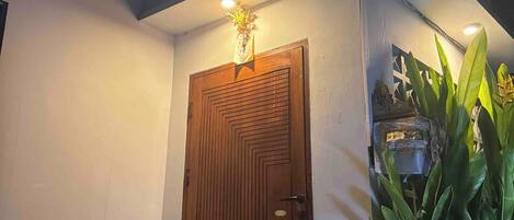 A wooden door with a geometric pattern, a small plant on the wall, and a ceiling light fixture.