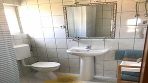 A bathroom with a toilet, sink, mirror, and a shower area. - Apartments Paloc - One-bedroom Apartment With Balcony (Bol)