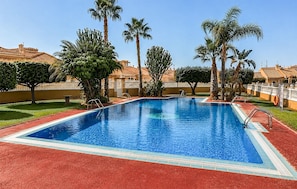 Ein rechteckiger Pool mit roter Umrandung, umgeben von Palmen und einem weißen Zaun.
