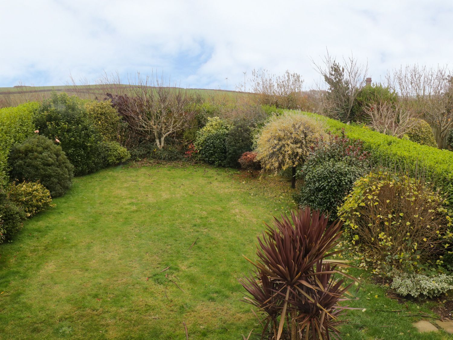 A well-maintained garden with a variety of shrubs and a neatly trimmed lawn.