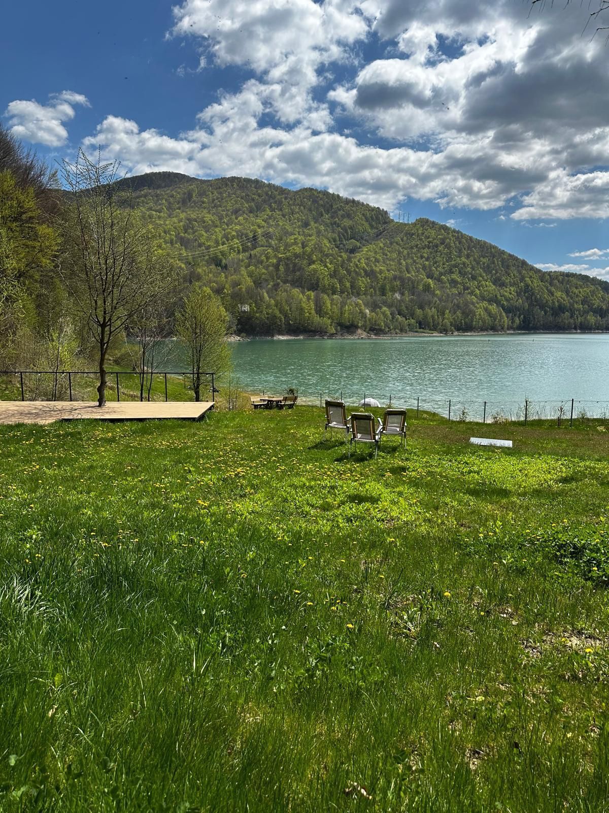 A lakeside park with a grassy area, a few benches, and a view of a lake and forested hills.