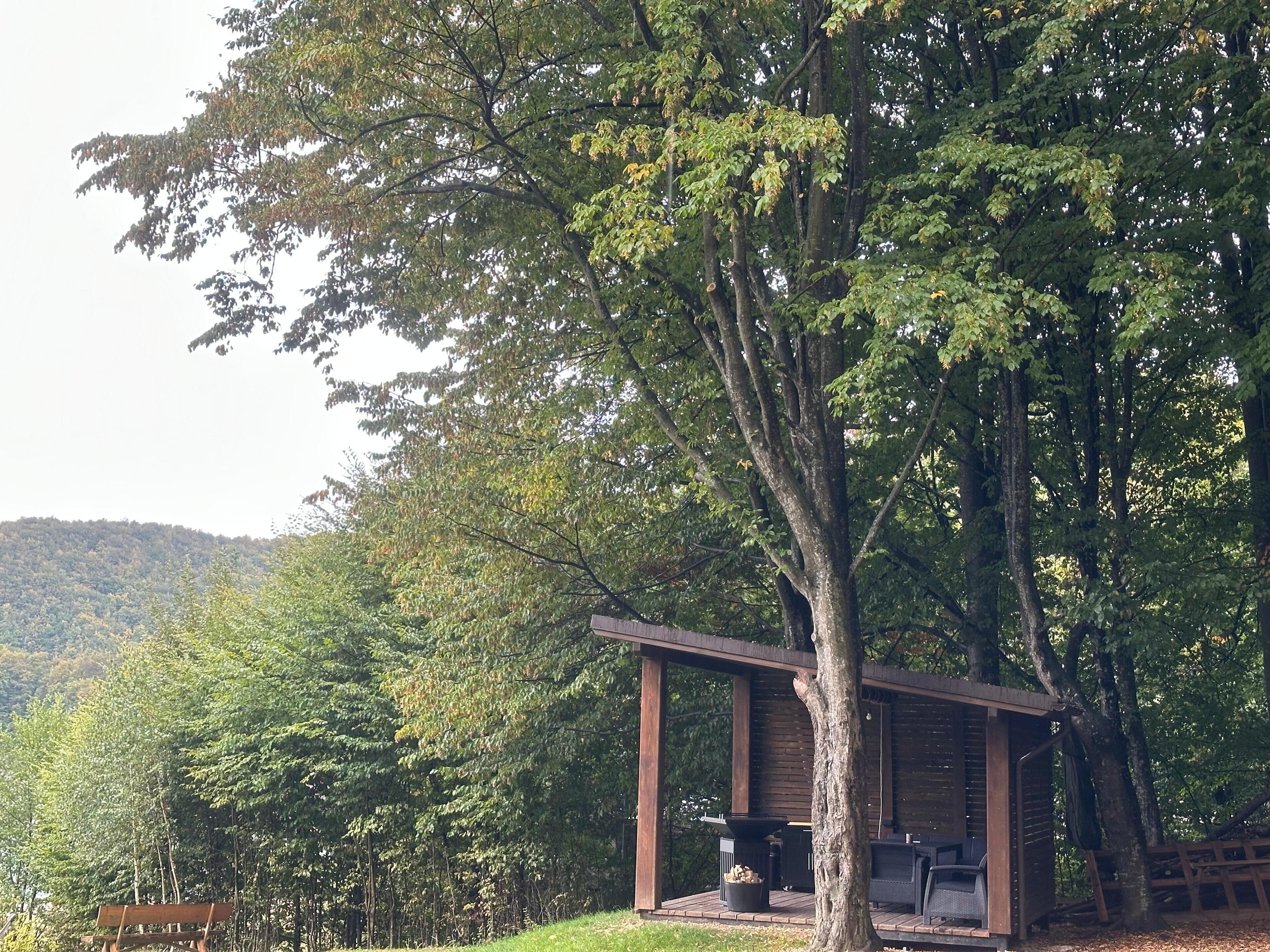 Zona relax esterna coperta con un braciere, circondata da alberi e una panca.
