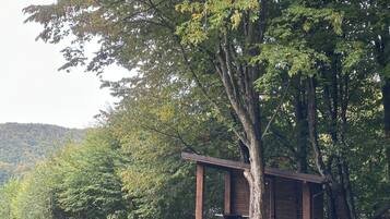 Zona relax esterna coperta con un braciere, circondata da alberi e una panca.