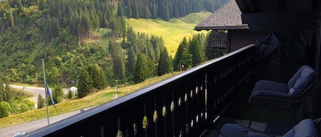 A balcony with a view of a forested valley, a chair, and a small building structure.