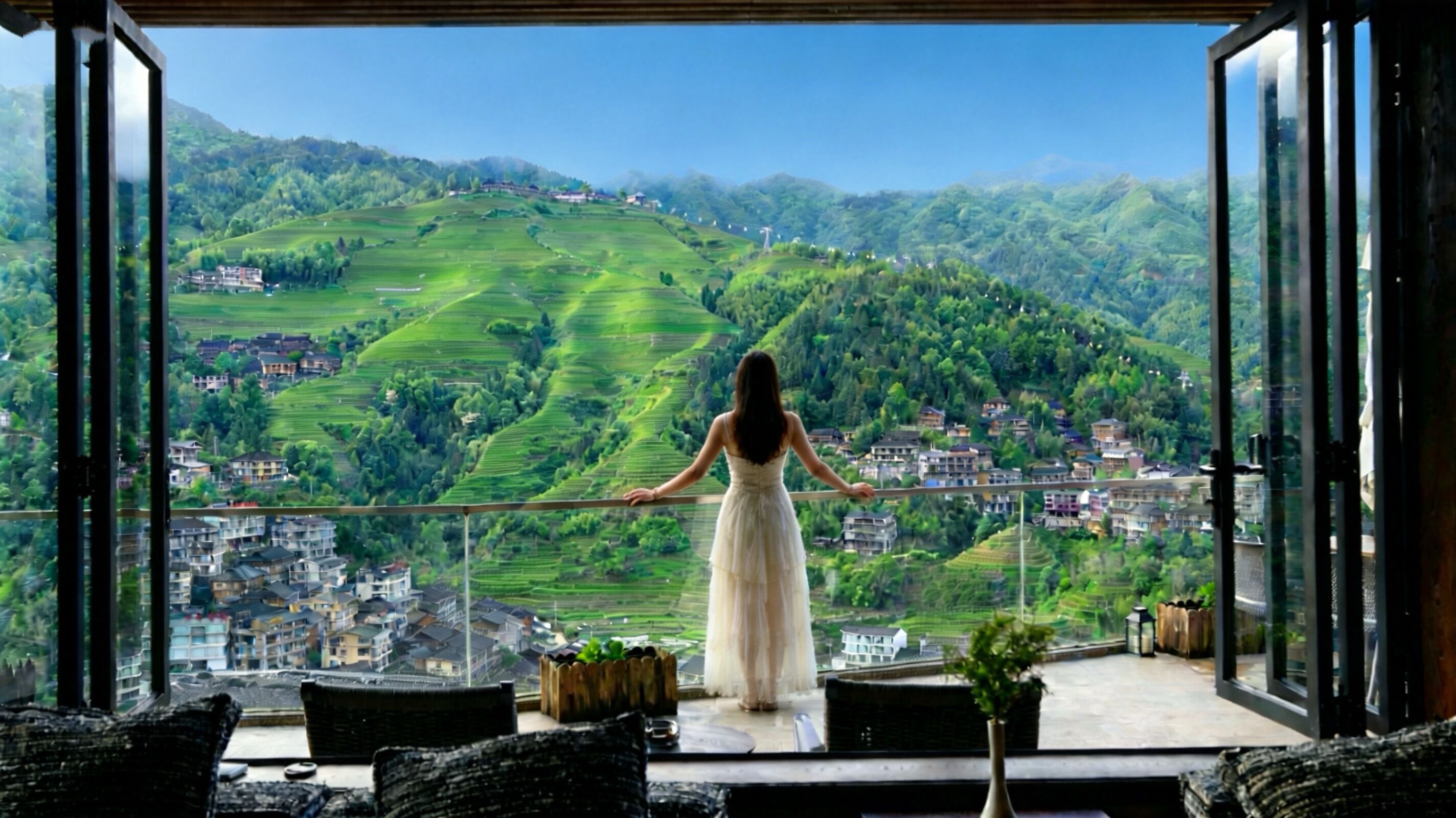 A woman in a white dress standing on a balcony with a view of terraced fields and buildings.