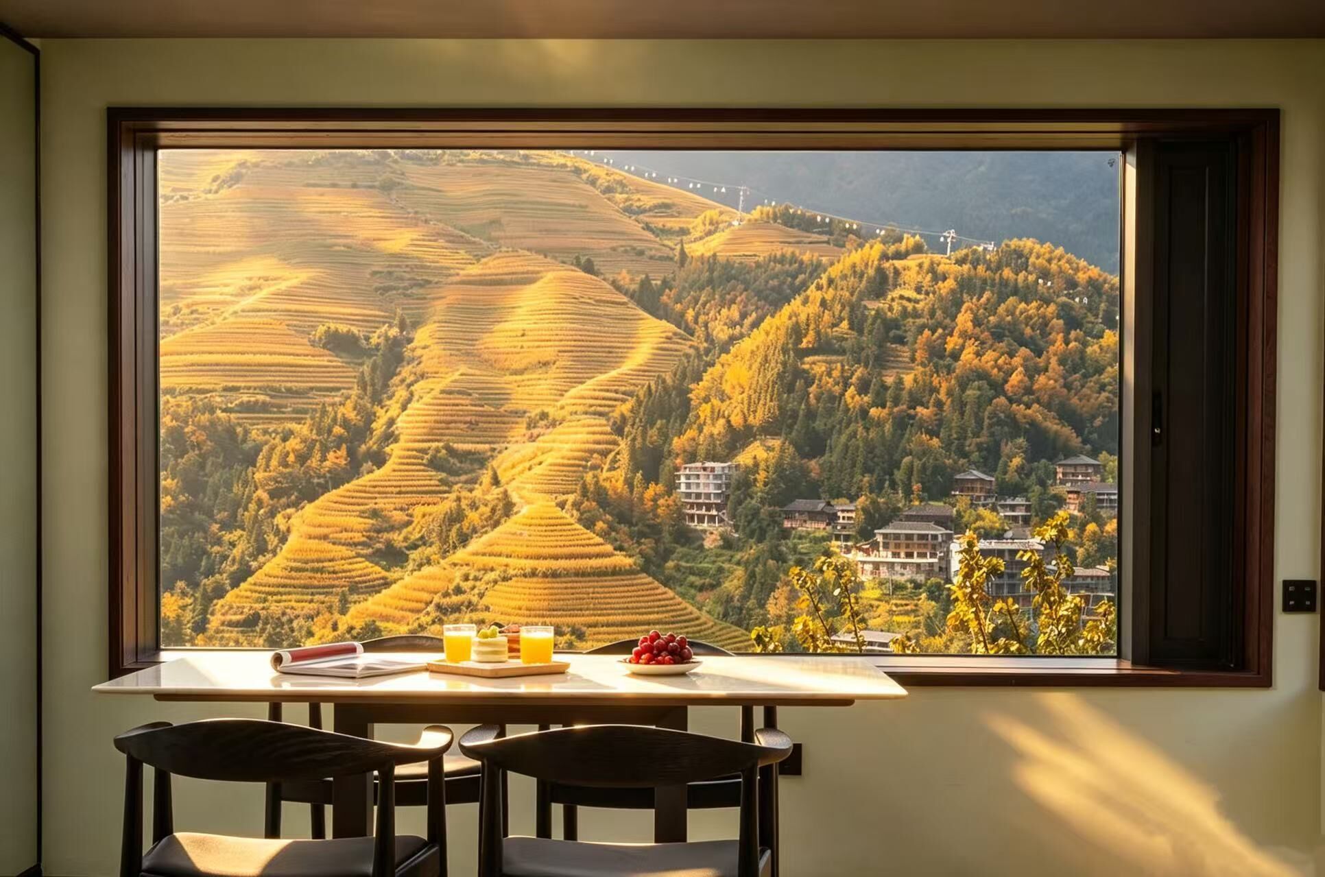 Una mesa de comedor con sillas y vistas a campos en terrazas a través de una ventana.