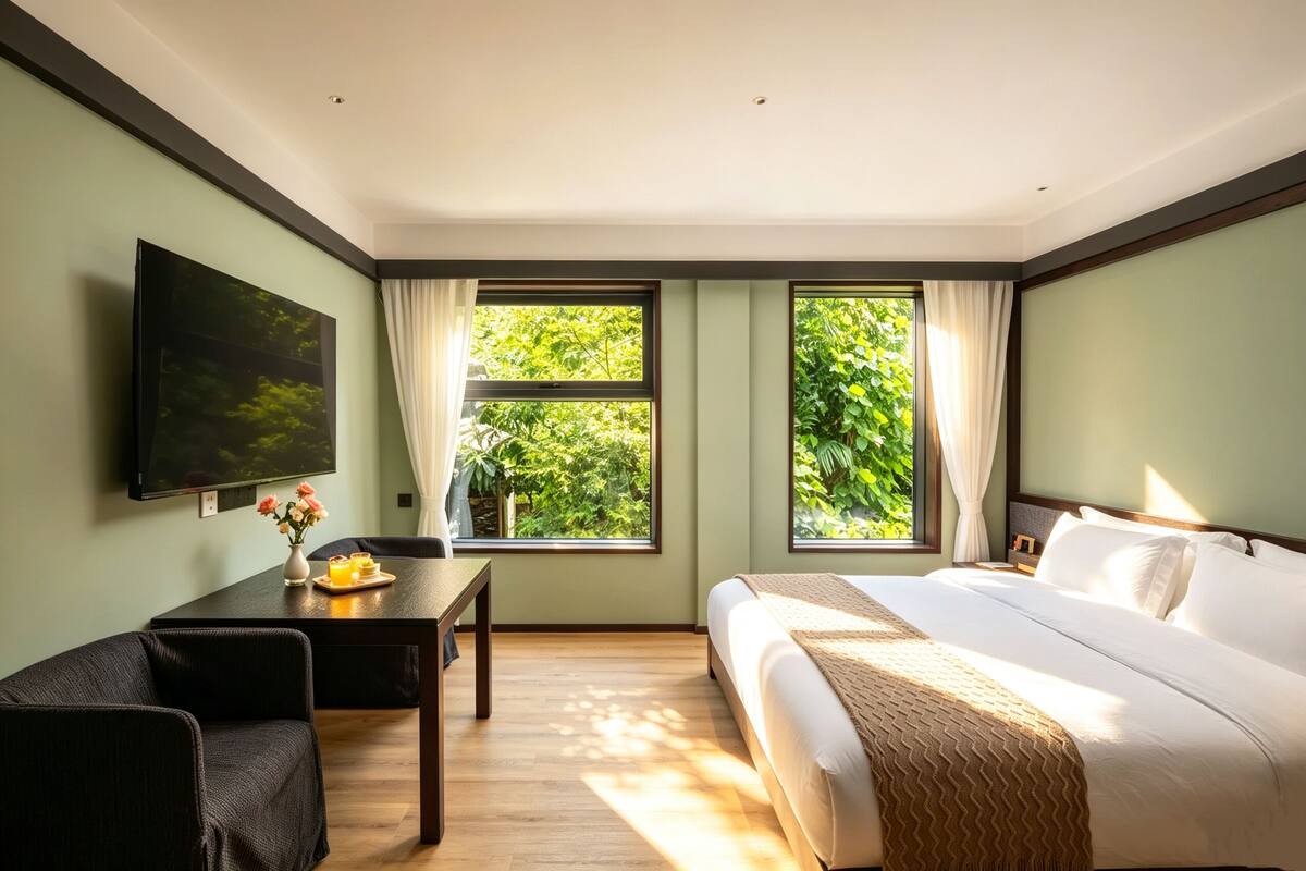Habitación básica doble | Escritorio, espacio para trabajar con laptop y cortinas blackout 