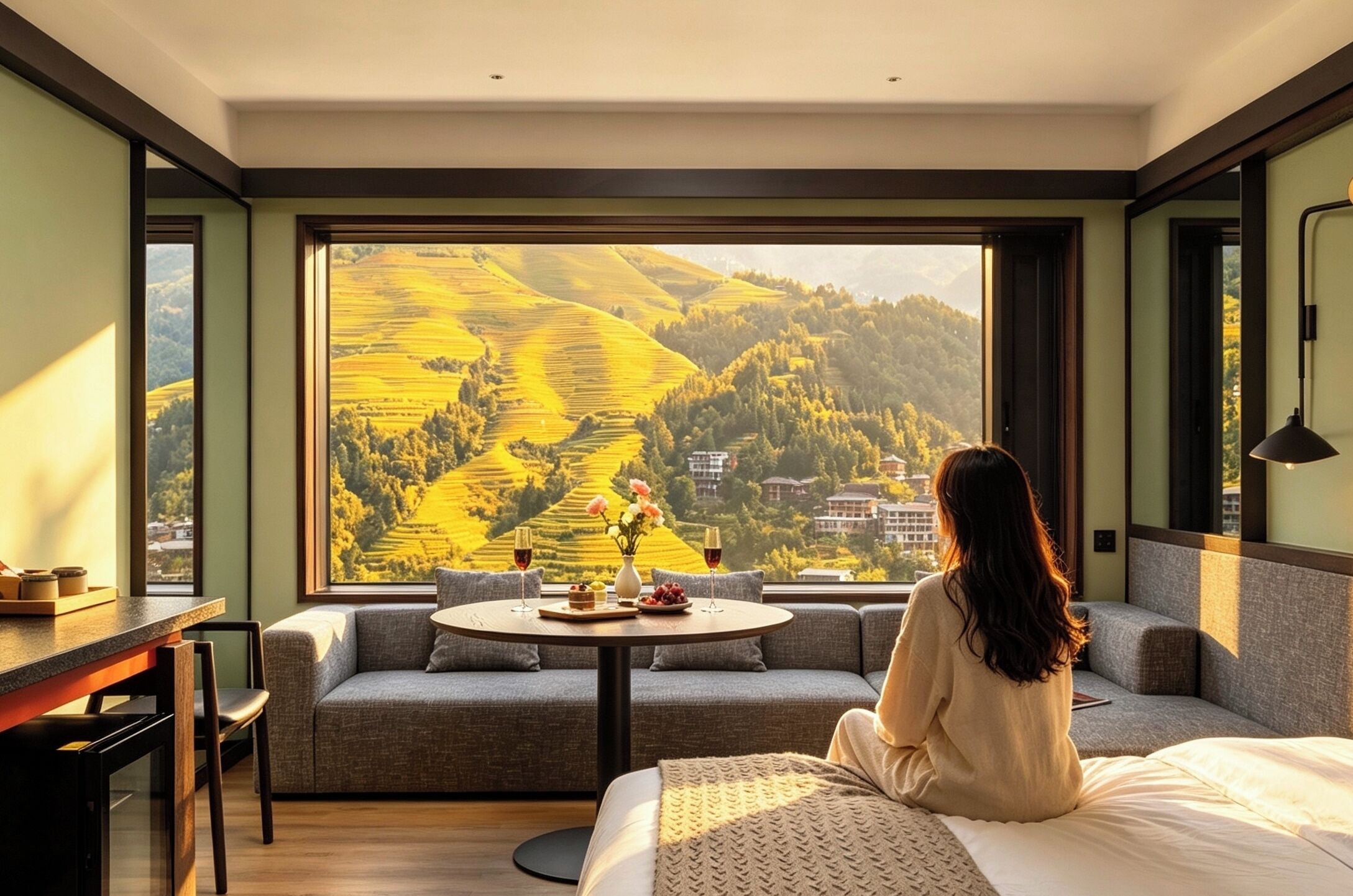 A room with a large window, a sofa, a bed, and a dining table with a view of rolling hills.