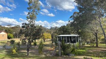 A fenced property with a small building, trees, and a clear sky.