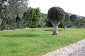 A landscaped garden with manicured grass, a paved walkway, and neatly trimmed trees. - Charming Villa With 3 Bedrooms and sea View (Faro)