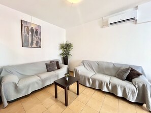 Uma sala de estar com dois sofás, uma mesa de centro, um vaso de planta e um ar condicionado.